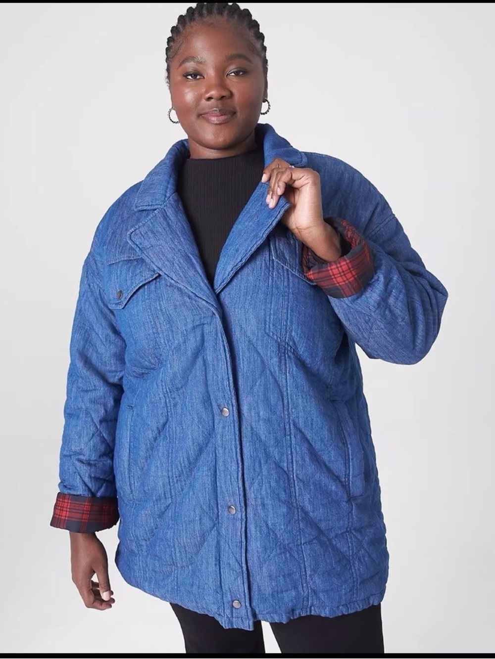 Lane Bryant Quilted Denim-Look Jacket with Plaid Cuff Detail